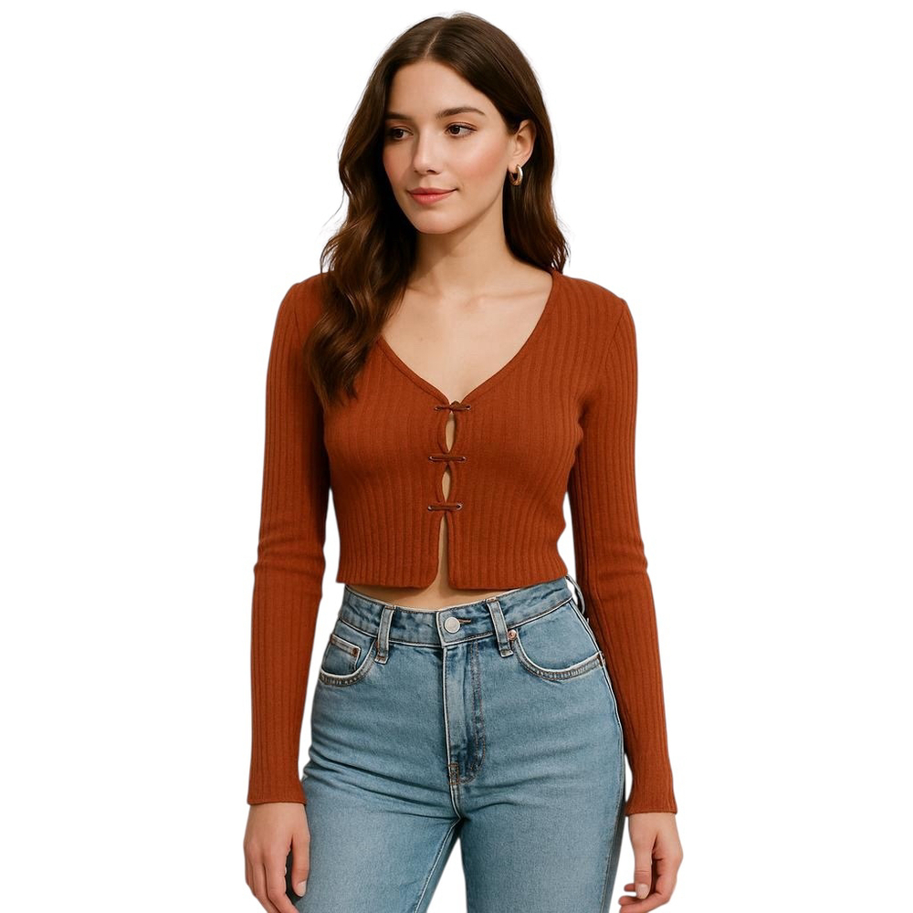 Womens Y2K Crop Top Small Orange Ribbed Fitted Minimalist Festival Cardigan NWT